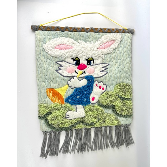 Stitched Yarn String Bunny Tapestry Wall Hanging Easter Girl Anthropomorphic - Picture 1 of 5